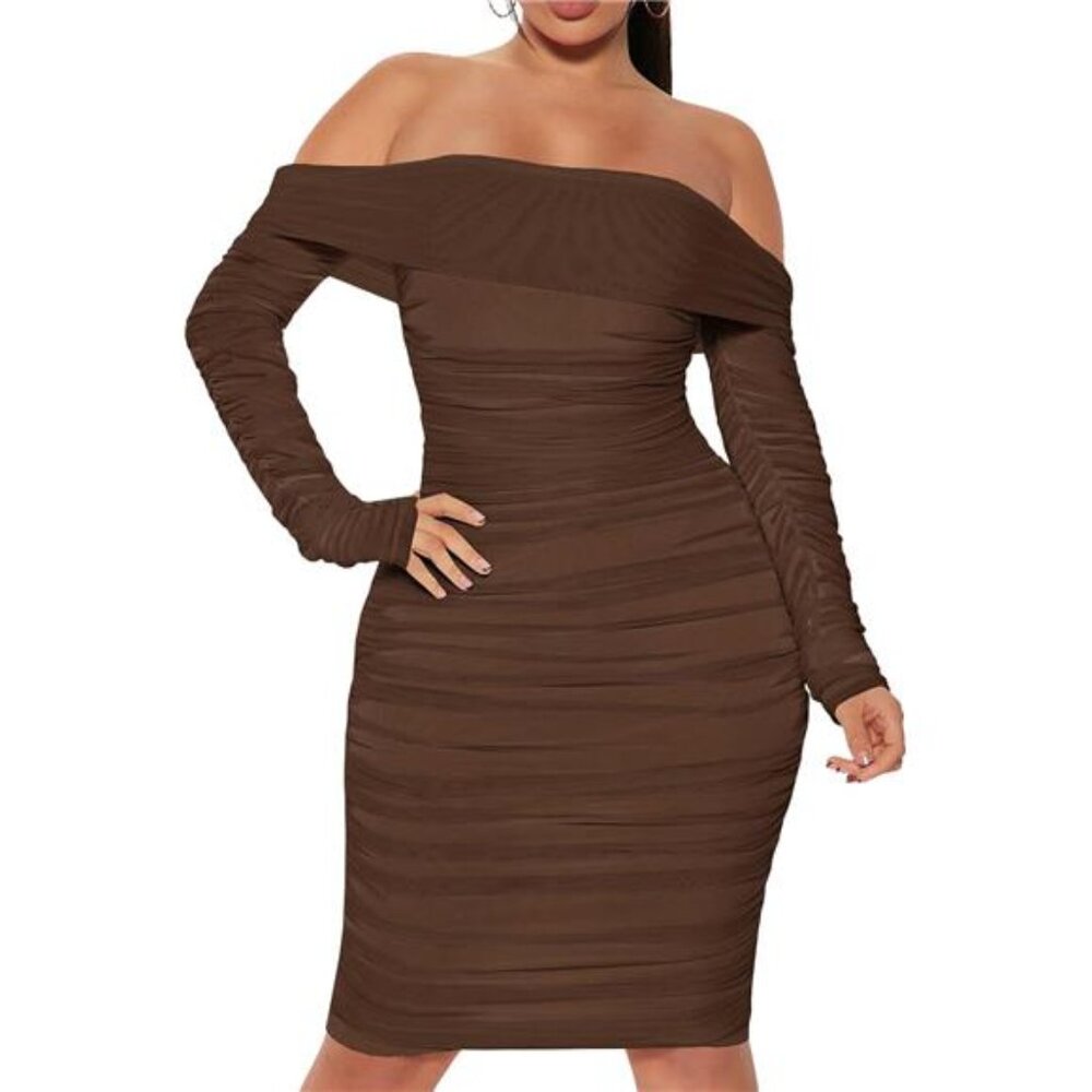 Mesh Sleeve Ruched Dress Sexy Off Shoulder Brown - Picture 1 of 6